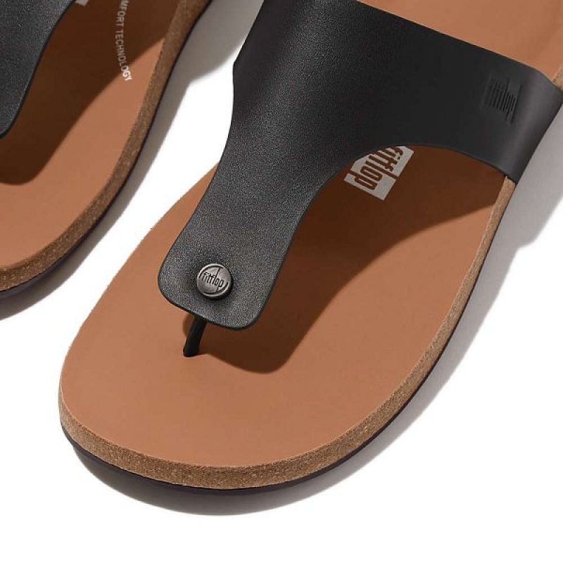 Black Men's FitFlop Iqushion Leather Toe-Post Sandals | 632LTBXAQ