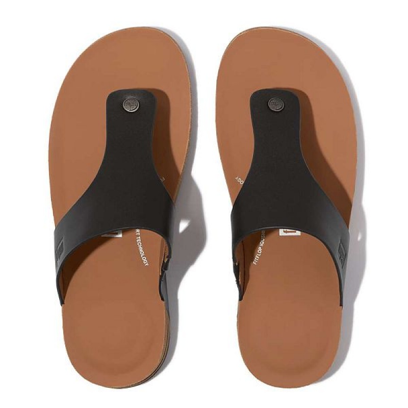 Black Men's FitFlop Iqushion Leather Toe-Post Sandals | 632LTBXAQ