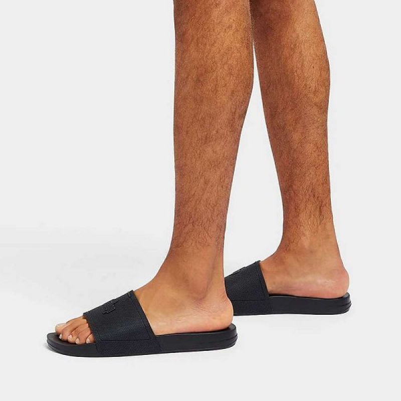 Black Men's FitFlop Iqushion Pool Sliders Slides | 581YUNJAB