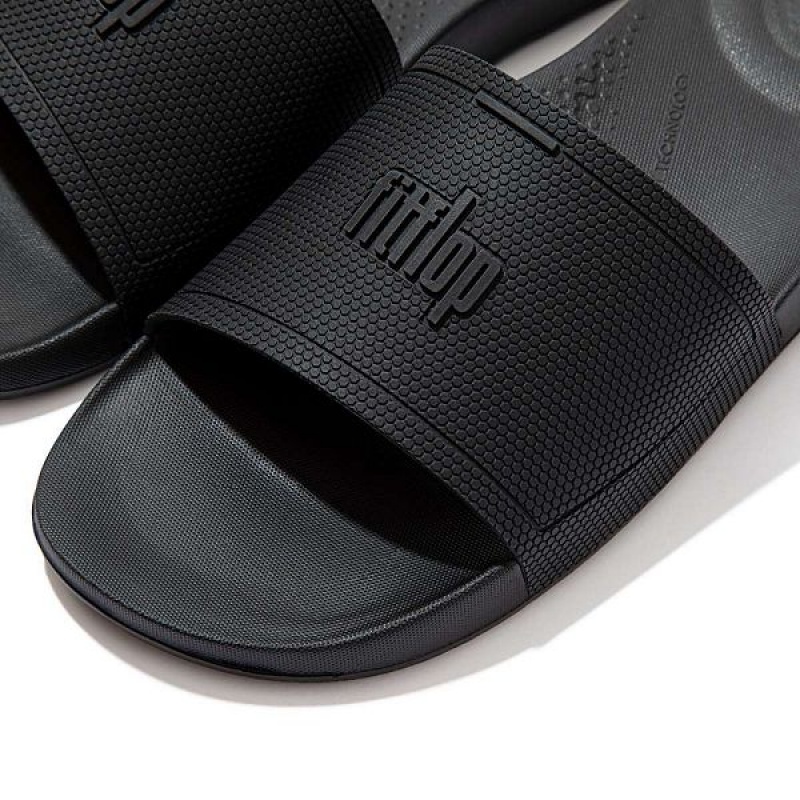 Black Men's FitFlop Iqushion Pool Sliders Slides | 581YUNJAB