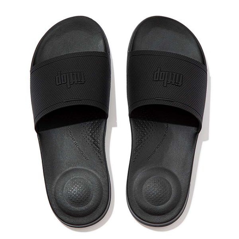 Black Men's FitFlop Iqushion Pool Sliders Slides | 581YUNJAB