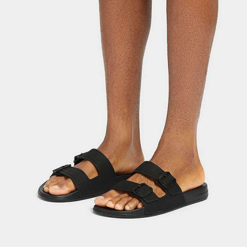 Black Men's FitFlop Iqushion Two Bar Buckle Slides | 432PVOQRI