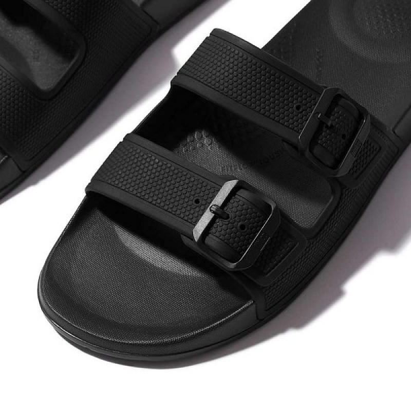 Black Men's FitFlop Iqushion Two Bar Buckle Slides | 432PVOQRI