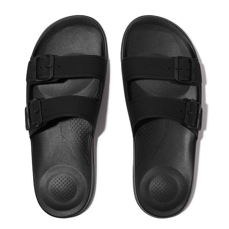 Black Men's FitFlop Iqushion Two Bar Buckle Slides | 432PVOQRI