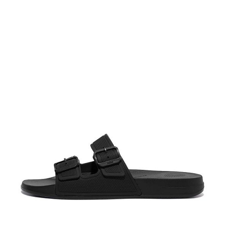 Black Men\'s FitFlop Iqushion Two Bar Buckle Slides | 432PVOQRI