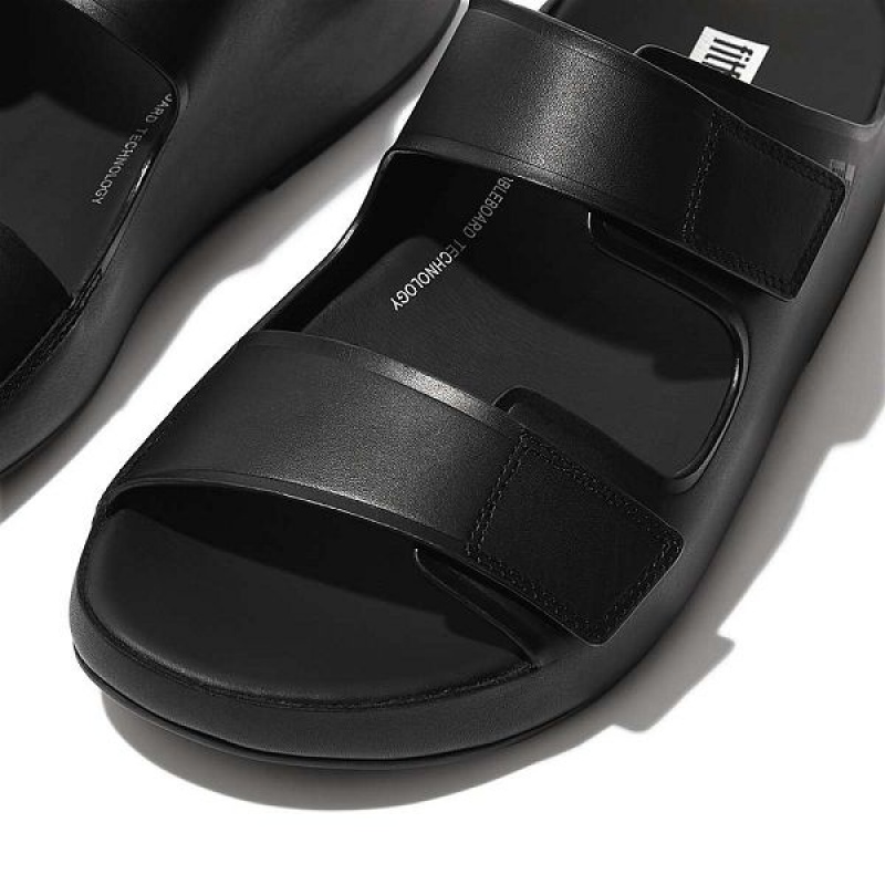 Black Men's FitFlop Samel Adjustable Leather Slides | 368HODRSC