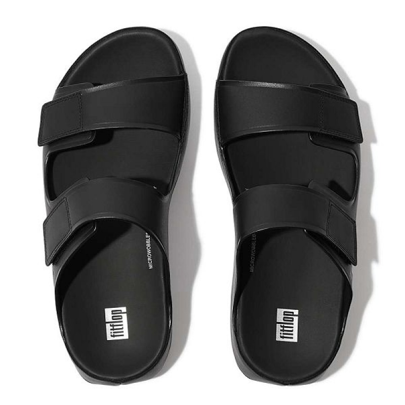 Black Men's FitFlop Samel Adjustable Leather Slides | 368HODRSC