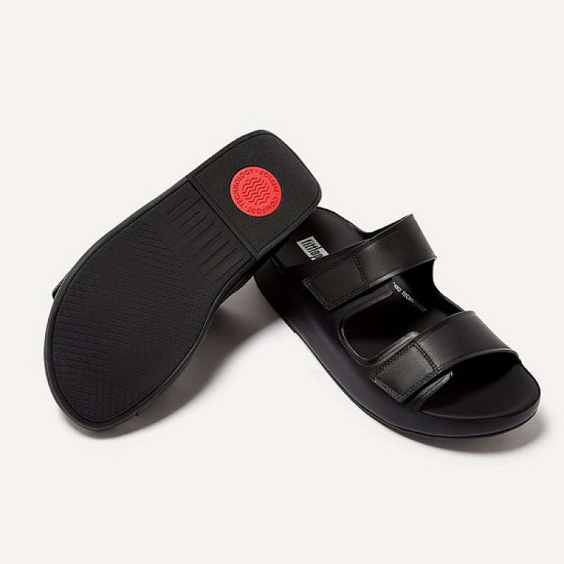 Black Men's FitFlop Samel Adjustable Leather Slides | 368HODRSC