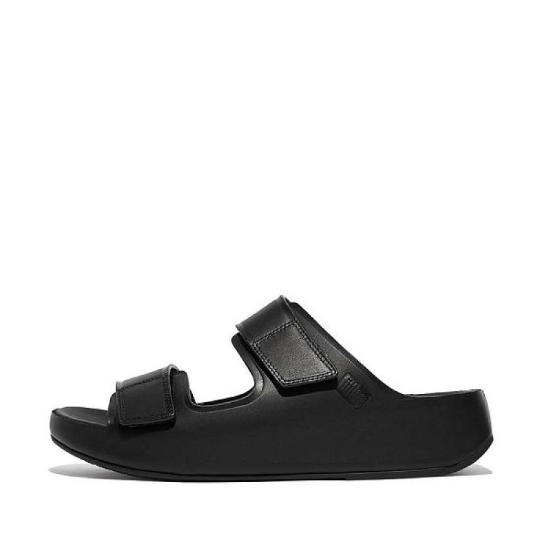 Black Men\'s FitFlop Samel Adjustable Leather Slides | 368HODRSC