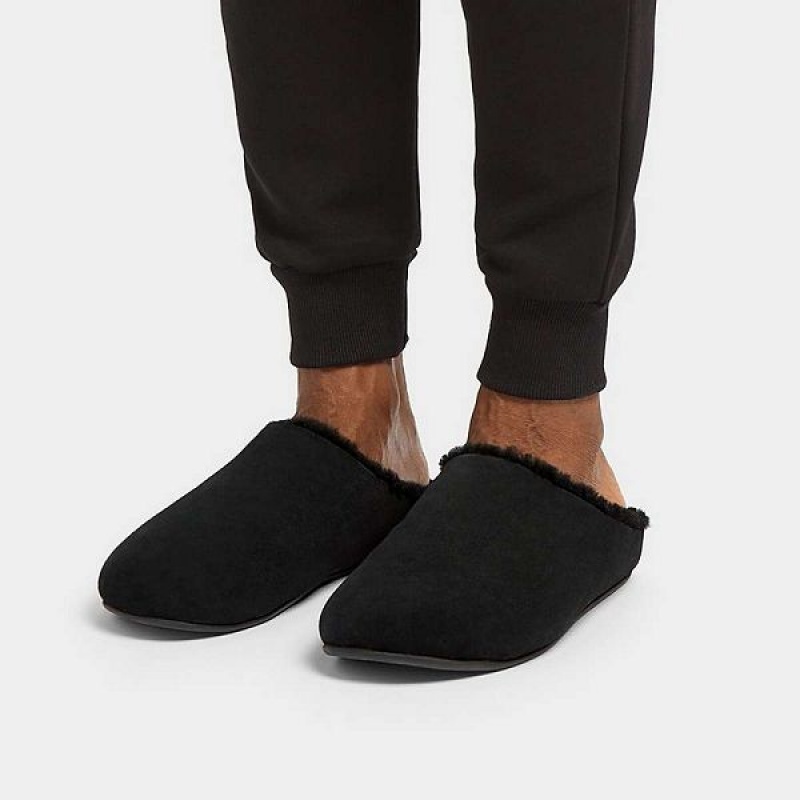 Black Men's FitFlop Shove Shearling Lined Suede Slippers | 249RGQFKO