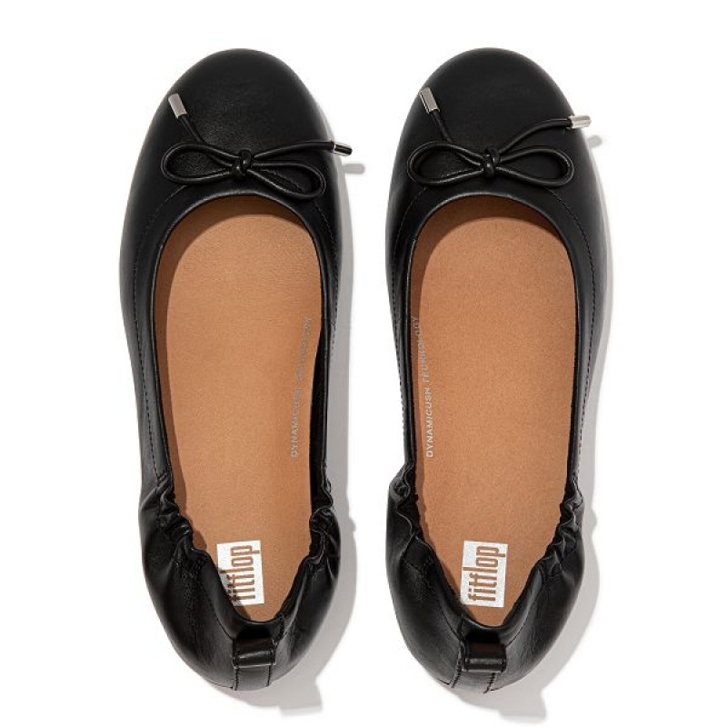 Black Women's FitFlop Allegro Bow Leather Ballet Flats | 345LHKRNI