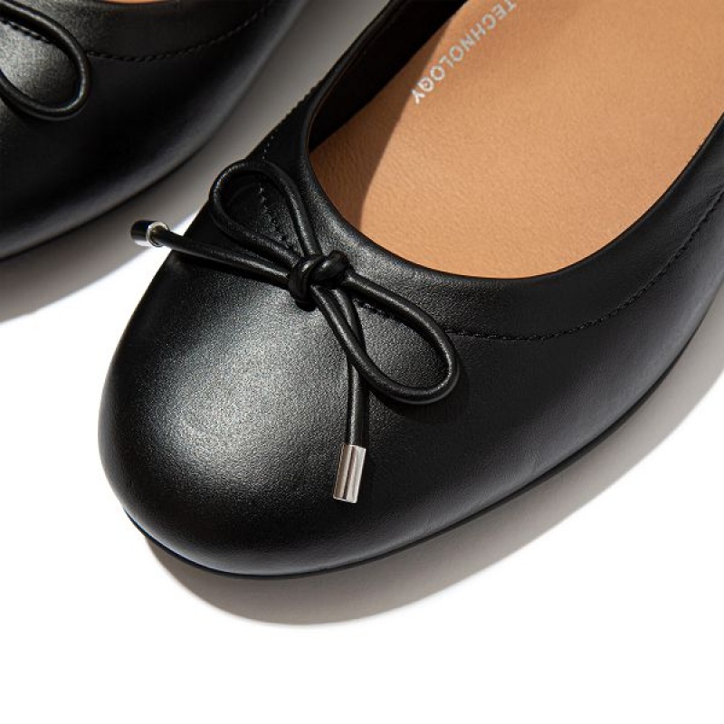 Black Women's FitFlop Allegro Bow Leather Ballet Flats | 345LHKRNI