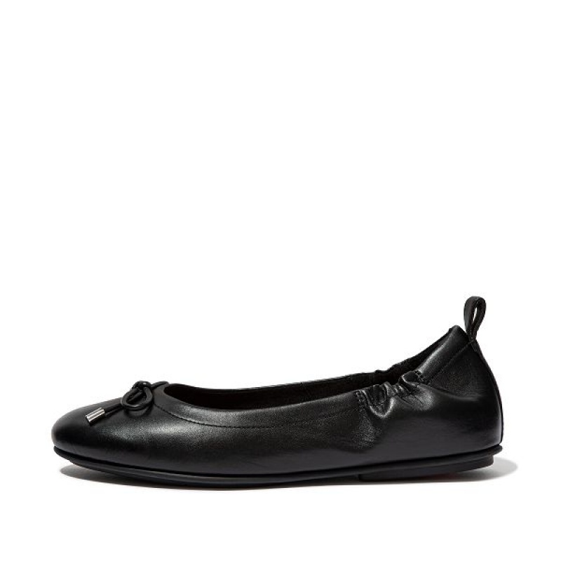 Black Women\'s FitFlop Allegro Bow Leather Ballet Flats | 345LHKRNI