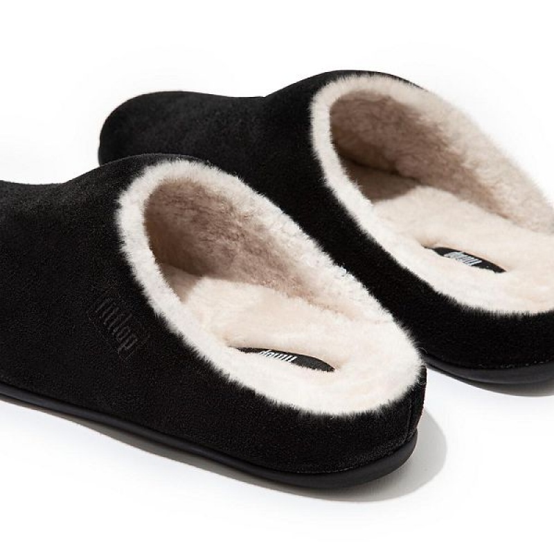 Black Women's FitFlop Chrissie Shearling Suede Slippers | 185XEZRIW