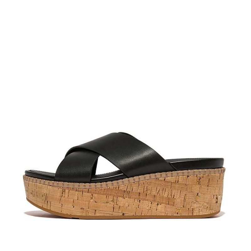 Black Women\'s FitFlop Eloise Leather Cork Wedge Cross Slides | 507CTGMNP