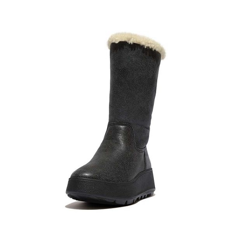 Black Women's FitFlop F-Mode Double Faced Shearling Leather Flatform Calf Boots | 012WGOQPL