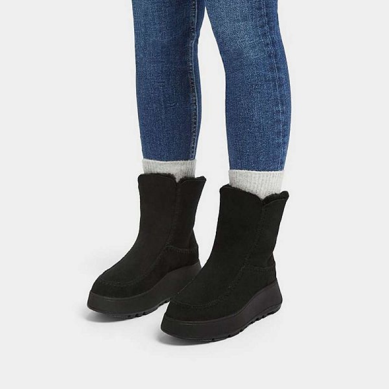 Black Women's FitFlop F-Mode Double Faced Shearling Flatform Boots | 814VMGUAN