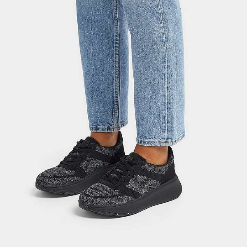 Black Women's FitFlop F-Mode E01 Knit Flatform Sneakers | 653JNTPDH