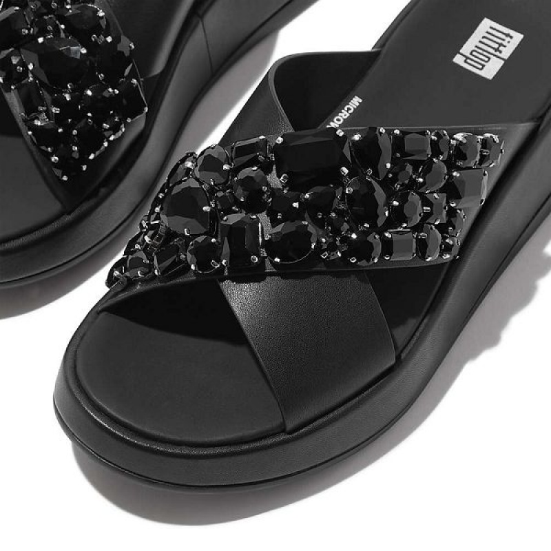 Black Women's FitFlop F-Mode Jewel Deluxe Leather Flatform Cross Slides | 139ZTWDOE