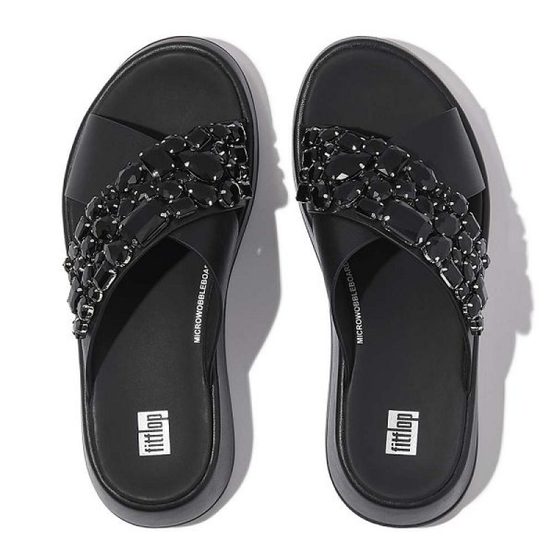 Black Women's FitFlop F-Mode Jewel Deluxe Leather Flatform Cross Slides | 139ZTWDOE