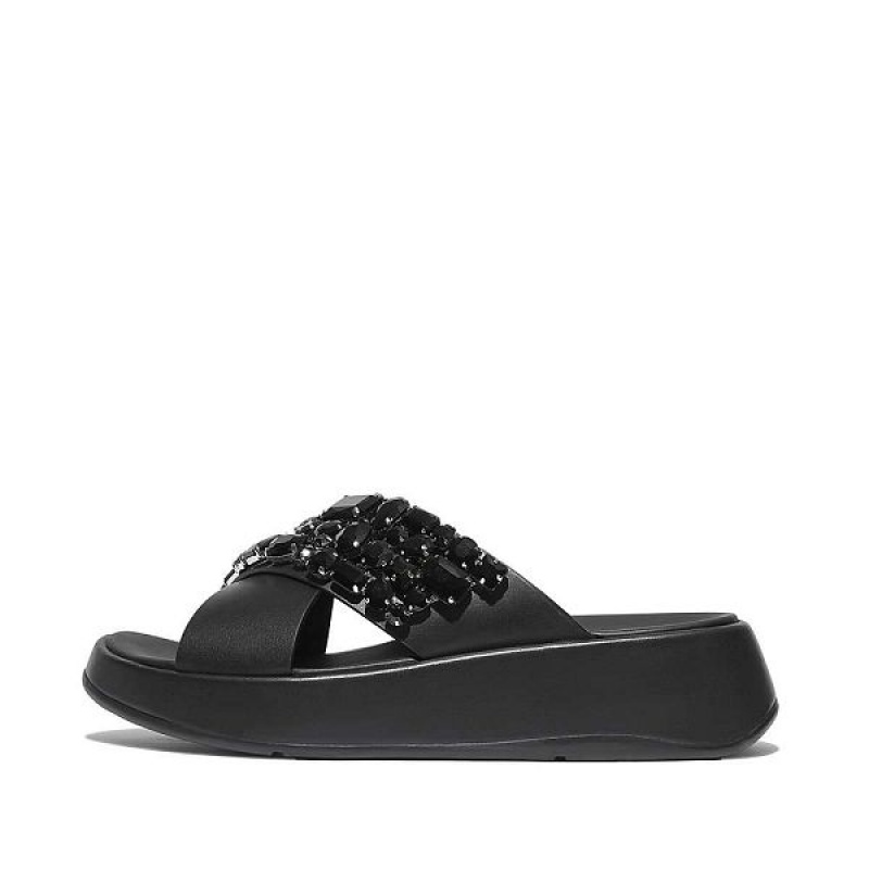 Black Women\'s FitFlop F-Mode Jewel Deluxe Leather Flatform Cross Slides | 139ZTWDOE