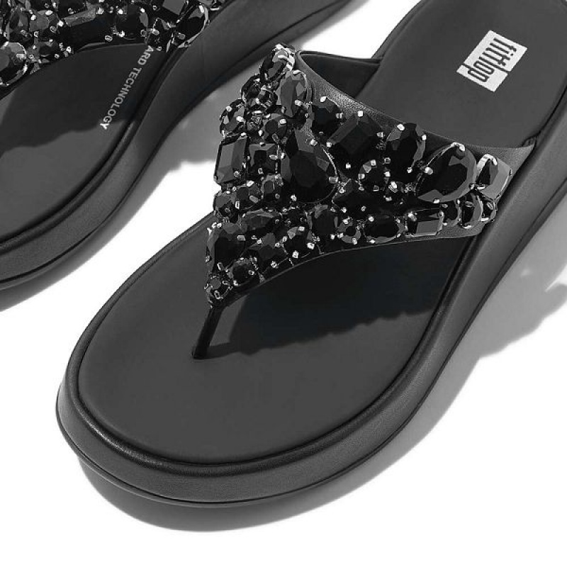 Black Women's FitFlop F-Mode Jewel Deluxe Leather Flatform Toe-Post Sandals | 064DJNLHF