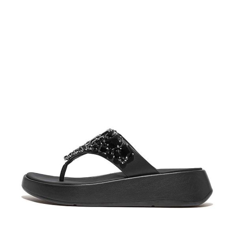 Black Women\'s FitFlop F-Mode Jewel Deluxe Leather Flatform Toe-Post Sandals | 064DJNLHF