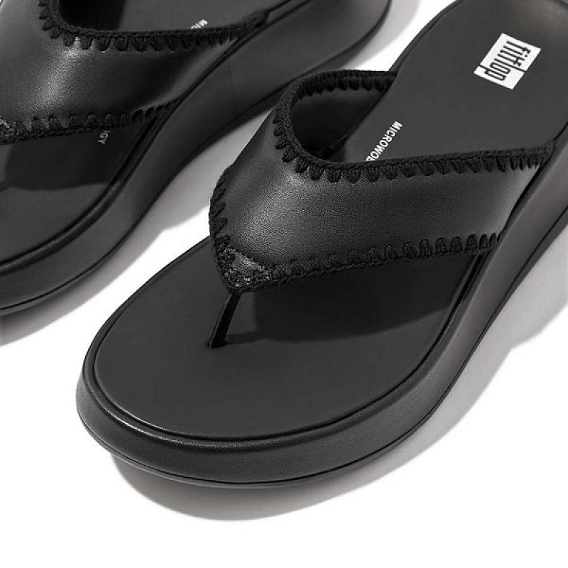 Black Women's FitFlop F-Mode Leather Flatform Toe-Post Sandals | 042UQGKDE