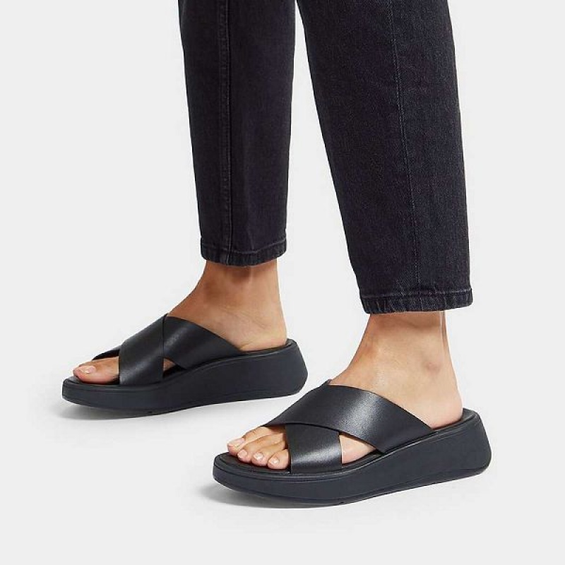 Black Women's FitFlop F-Mode Leather Flatform Cross Slides | 719EDBSLA