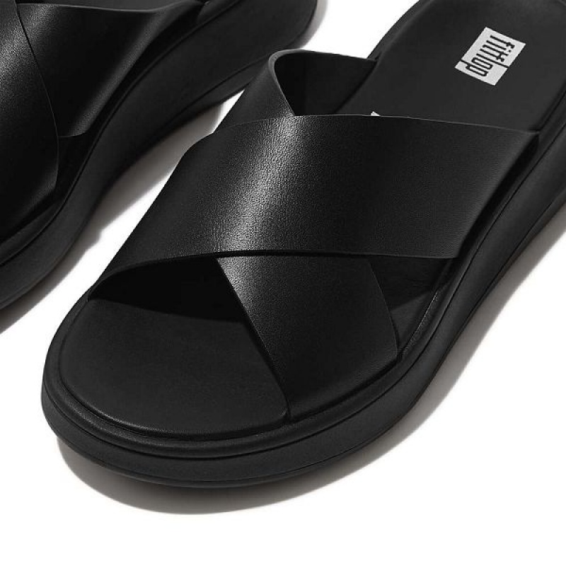 Black Women's FitFlop F-Mode Leather Flatform Cross Slides | 719EDBSLA