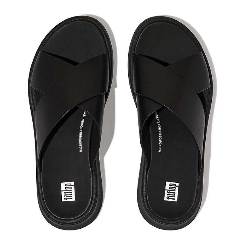 Black Women's FitFlop F-Mode Leather Flatform Cross Slides | 719EDBSLA