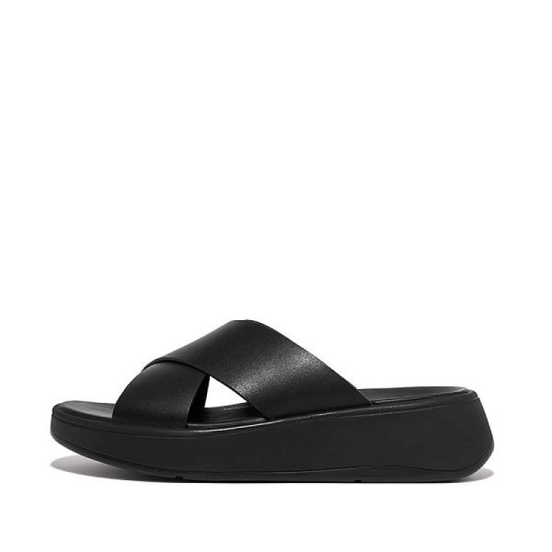 Black Women\'s FitFlop F-Mode Leather Flatform Cross Slides | 719EDBSLA