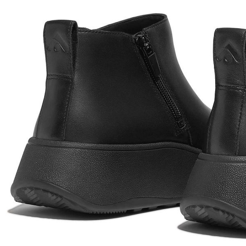 Black Women's FitFlop F-Mode Leather Flatform Zip Ankle Boots | 890HDWLBZ