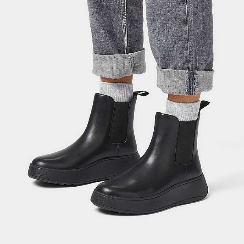 Black Women's FitFlop F-Mode Leather Flatform Chelsea Boots | 039KMDUIW