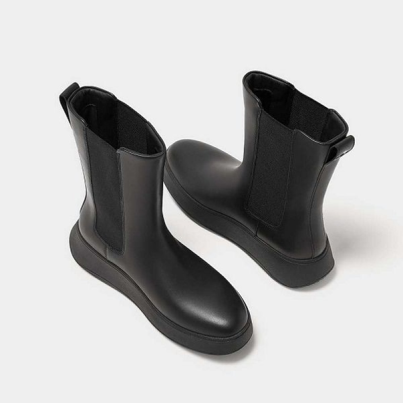 Black Women's FitFlop F-Mode Leather Flatform High Chelsea Boots | 205MGLTUH