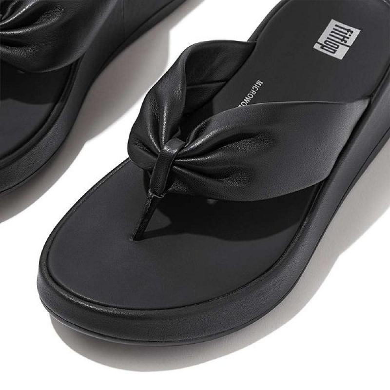 Black Women's FitFlop F-Mode Leather Twist Flatform Toe-Post Sandals | 614HGDSJW