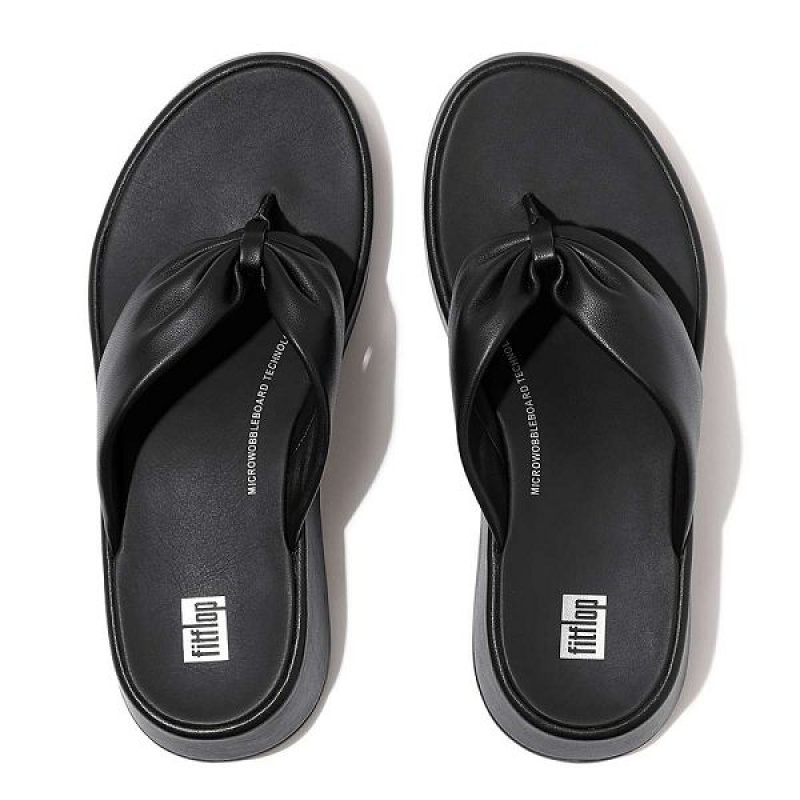 Black Women's FitFlop F-Mode Leather Twist Flatform Toe-Post Sandals | 614HGDSJW