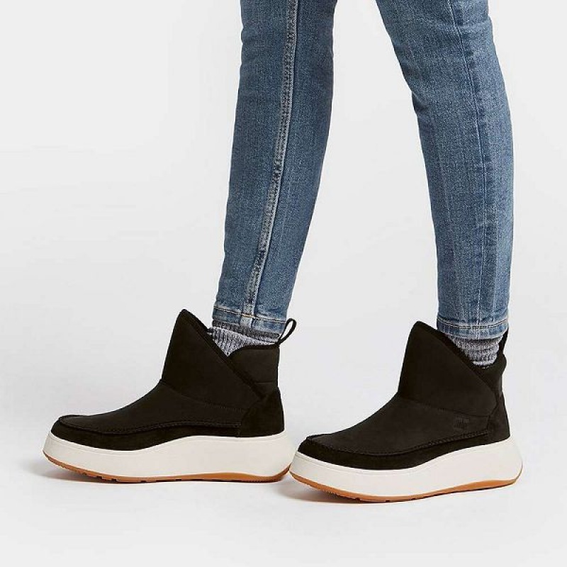 Black Women's FitFlop F-Mode Nubuck-Mix Flatform Bootie Sneakers | 583AMXIPF