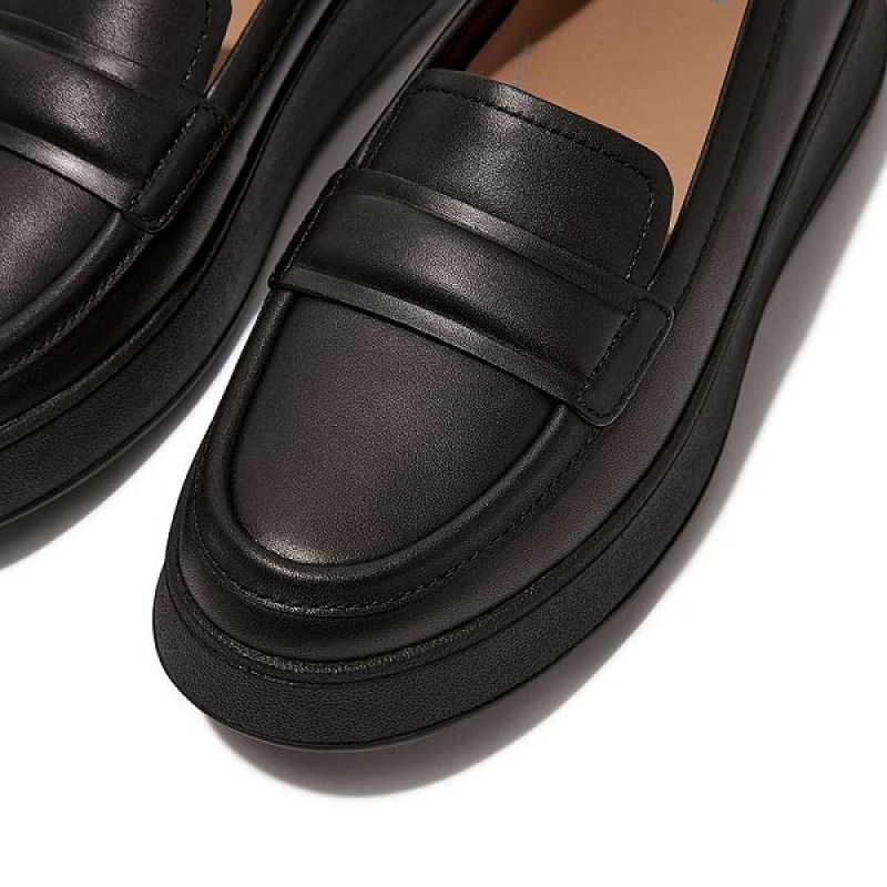 Black Women's FitFlop F-Mode Padded Detail Leather Flatform Loafers Loafers | 703RVDBKY