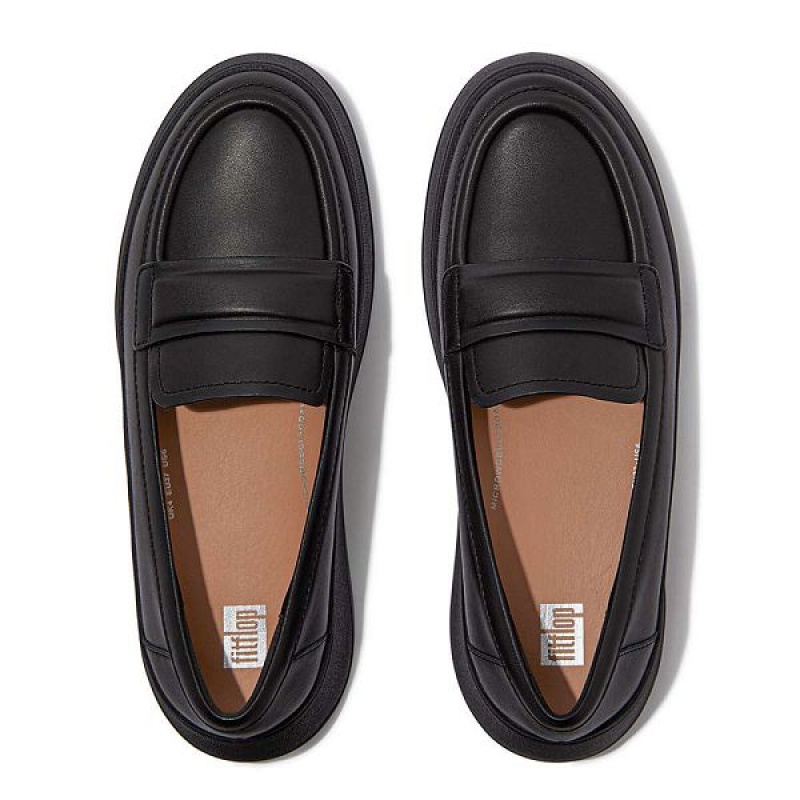 Black Women's FitFlop F-Mode Padded Detail Leather Flatform Loafers Loafers | 703RVDBKY