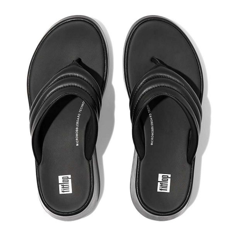 Black Women's FitFlop F-Mode Padded Leather Flatform Toe-Post Sandals | 428TBRSPG