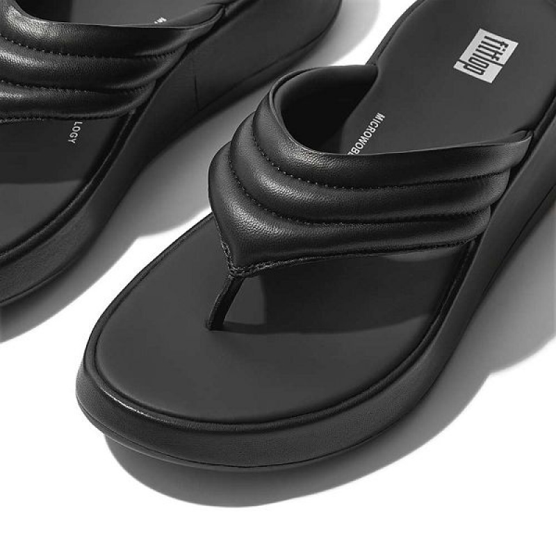 Black Women's FitFlop F-Mode Padded Leather Flatform Toe-Post Sandals | 428TBRSPG