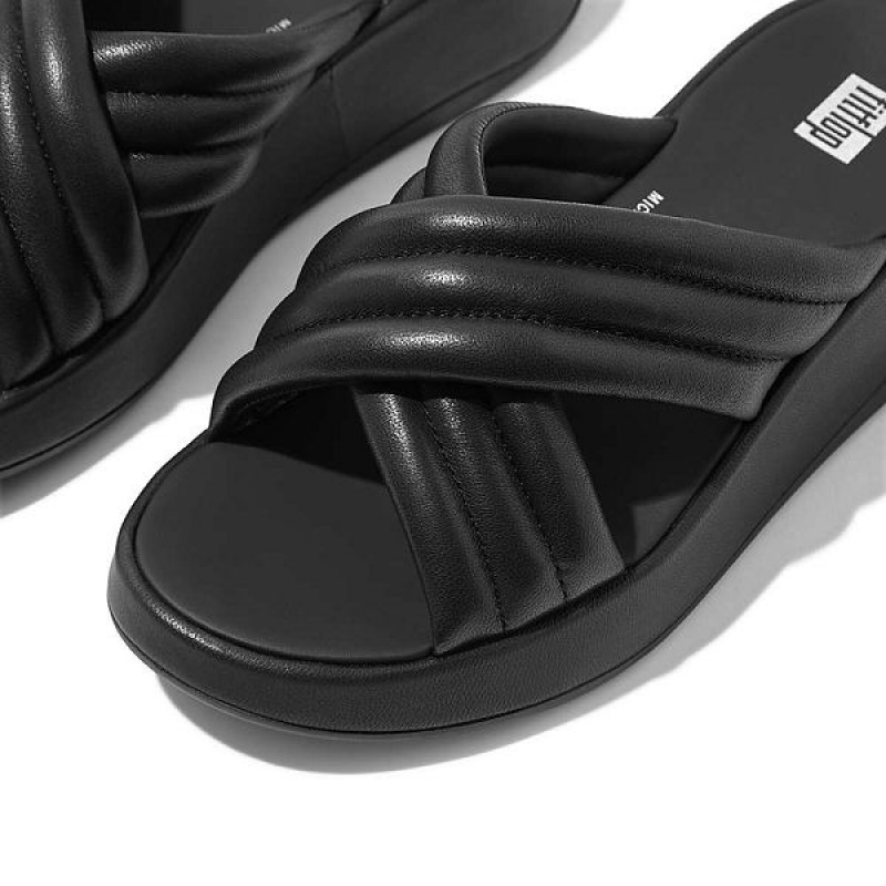 Black Women's FitFlop F-Mode Padded Leather Flatform Cross Slides | 682SKBVYT