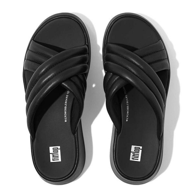 Black Women's FitFlop F-Mode Padded Leather Flatform Cross Slides | 682SKBVYT