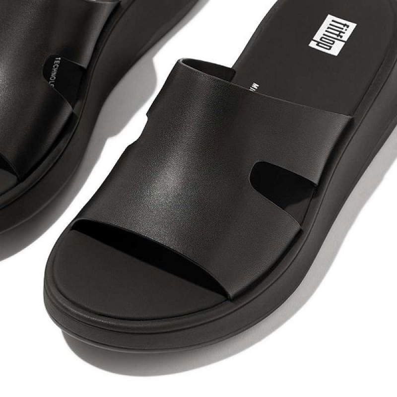 Black Women's FitFlop F-Mode Raw Edge Leather Flatform H Bar Slides | 652MZBWYT