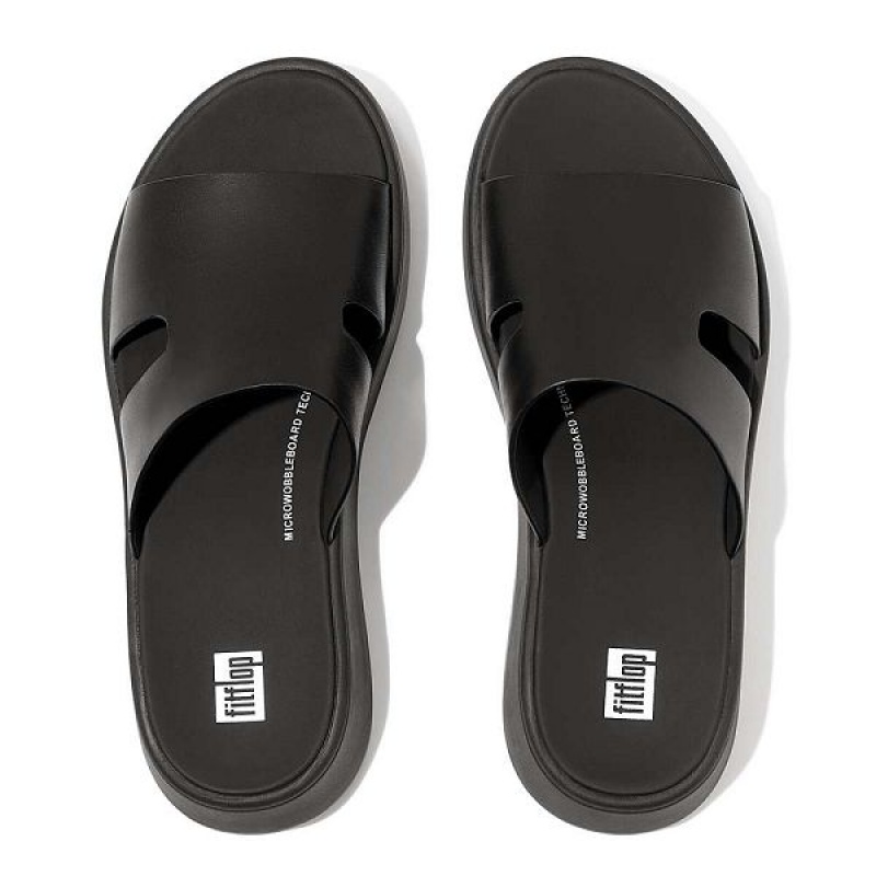 Black Women's FitFlop F-Mode Raw Edge Leather Flatform H Bar Slides | 652MZBWYT