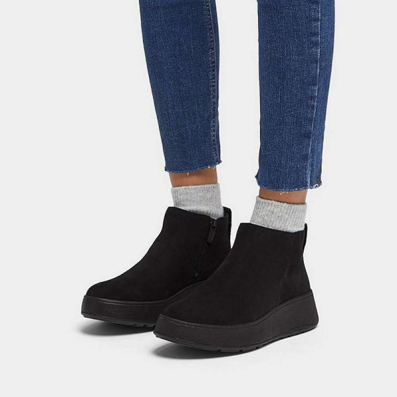 Black Women's FitFlop F-Mode Suede Flatform Zip Ankle Boots | 392IAMWKS