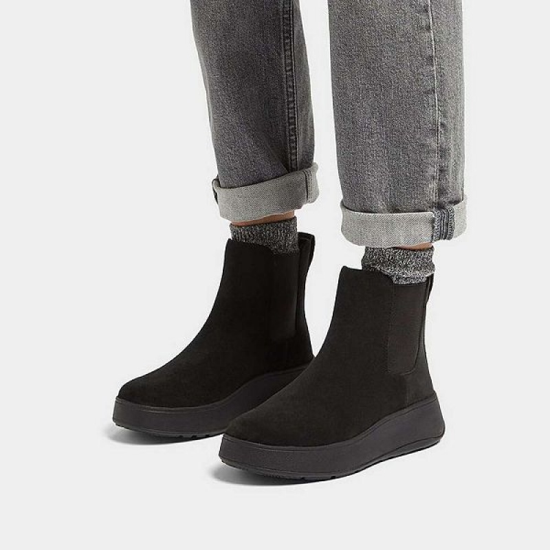 Black Women's FitFlop F-Mode Suede Flatform Chelsea Boots | 468VDTFHJ