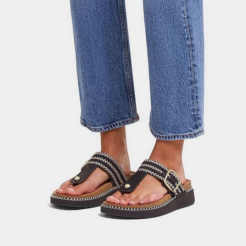 Black Women's FitFlop Gen-Ff Buckle Stripe Weave Toe-Post Sandals | 760LVYIPZ