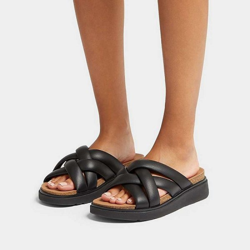 Black Women's FitFlop Gen-Ff Padded Strap Leather Slides | 306EQTZKJ